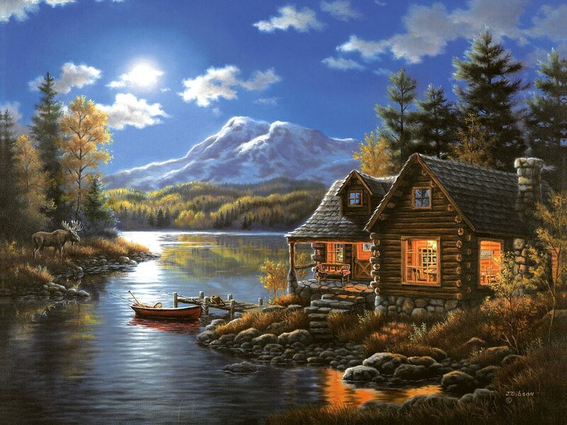 Log Cabin by Lake — Blue, Serene, Afternoon