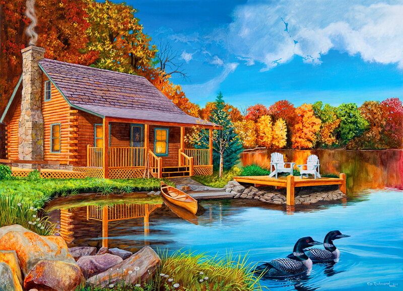 Log Cabin by Lake — Blue, Serene, Autumn, Painting, Ducks