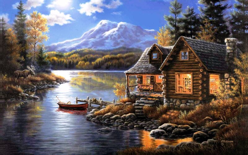 Log Cabin by Lake — Blue, Serene, Autumn
