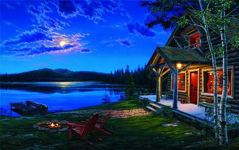 Log Cabin by Lake — Blue, Serene, Night, Digital Art