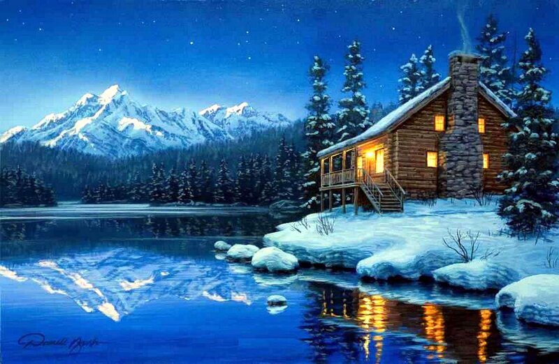 Log Cabin by Lake — Blue, Serene, Night, Painting, Mountains, Snow