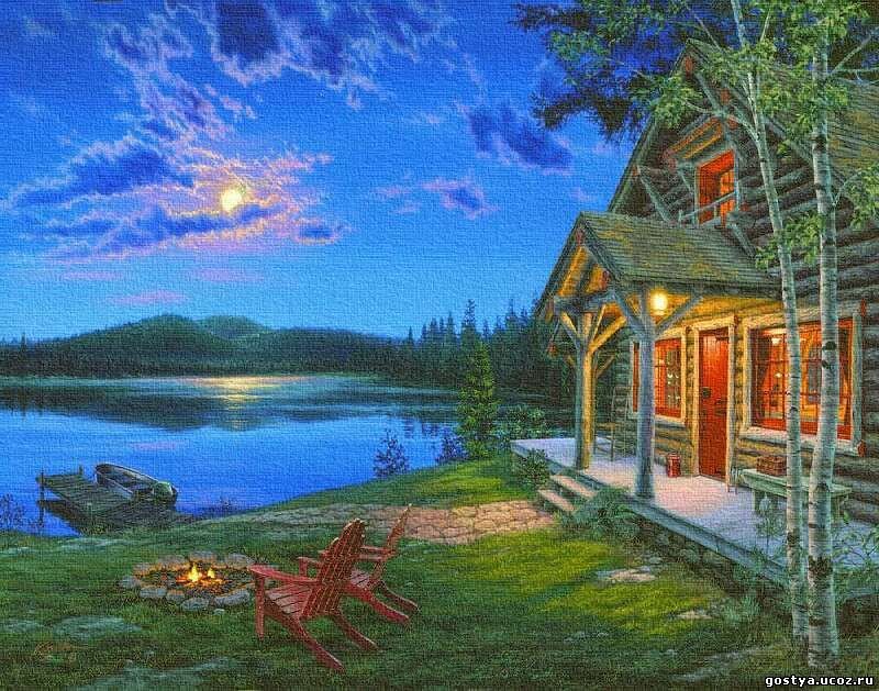 Log Cabin by Lake — Blue, Serene, Night