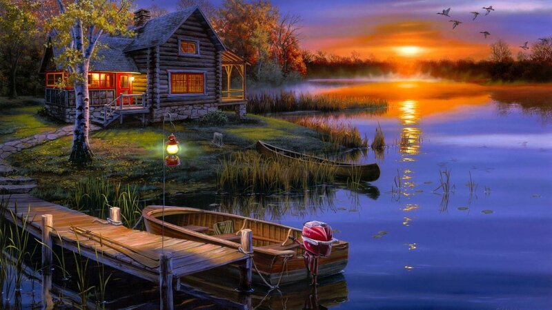 Log Cabin by Lake — Blue, Serene, Sunset, Digital Art, Boat, Birds, Orange, Green