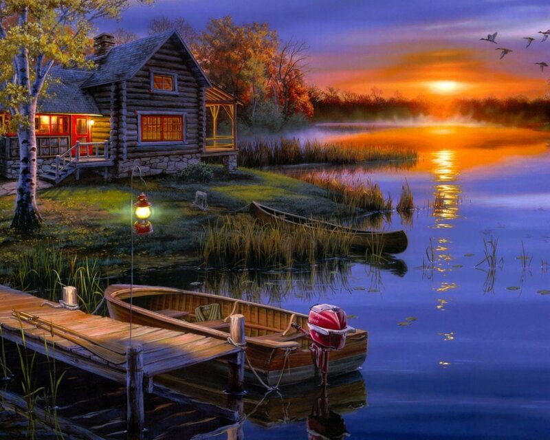 Log Cabin by Lake — Blue, Serene, Sunset, Digital Art, Boat, Birds