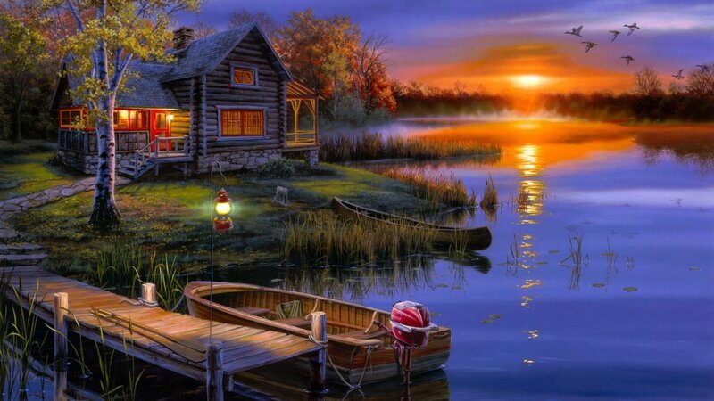 Log Cabin by Lake — Blue, Serene, Sunset, Digital Art, Boat, Orange, Green