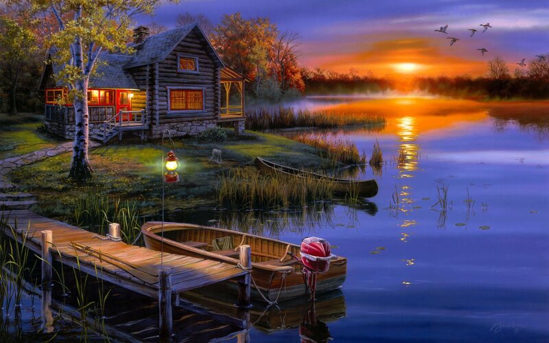 Log Cabin by Lake — Blue, Serene, Sunset, Digital Art