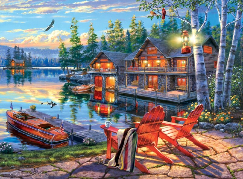 Log Cabin by Lake — Blue, Serene, Sunset, Illustration