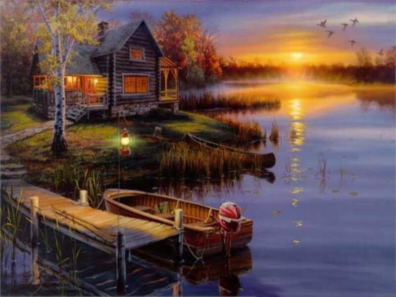 Log Cabin by Lake — Blue, Serene, Sunset, Painting, Boat, Dock, Orange