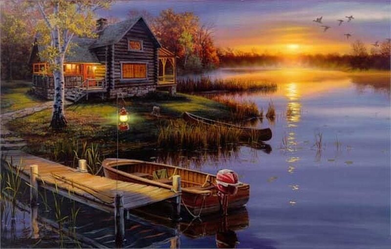 Log Cabin by Lake — Blue, Serene, Sunset, Painting, Boat, Dock
