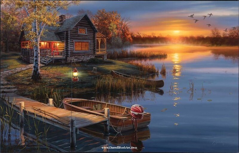 Log Cabin by Lake — Blue, Serene, Sunset, Painting, Boat
