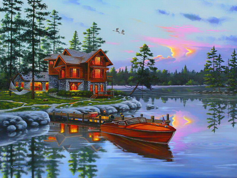 Log Cabin by Lake — Blue, Serene, Sunset, Painting, Boat, Trees, Hammock