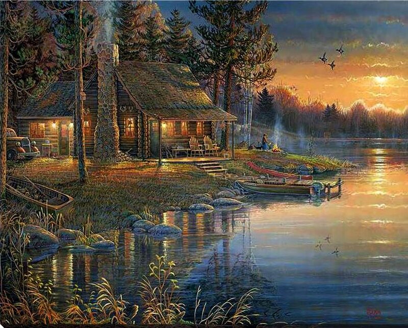 Log Cabin by Lake — Blue, Serene, Sunset, Painting, Boat, Trees