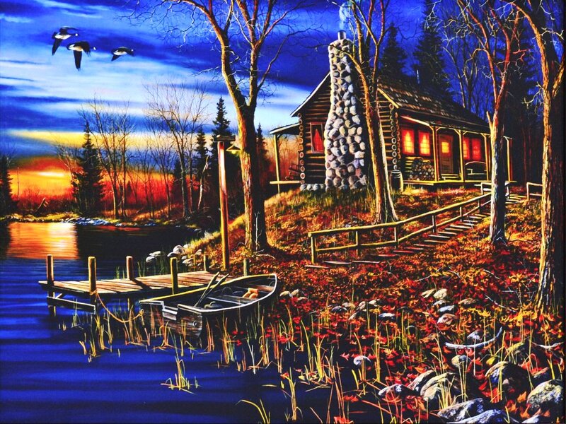 Log Cabin by Lake — Blue, Serene, Sunset, Painting, Dock