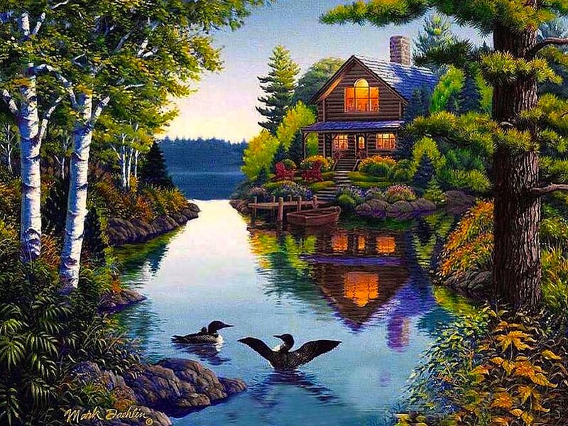 Log Cabin by Lake — Blue, Serene, Sunset, Painting, Ducks