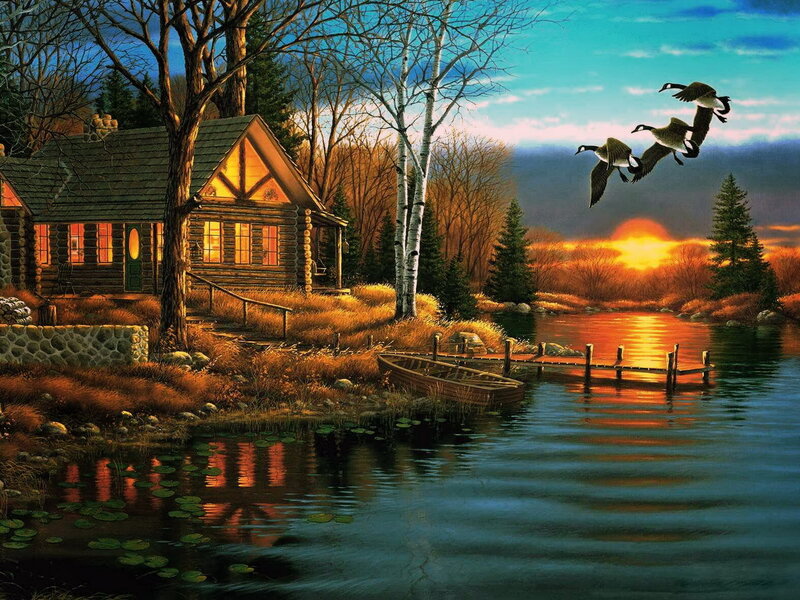 Log Cabin by Lake — Blue, Serene, Sunset, Painting, Geese