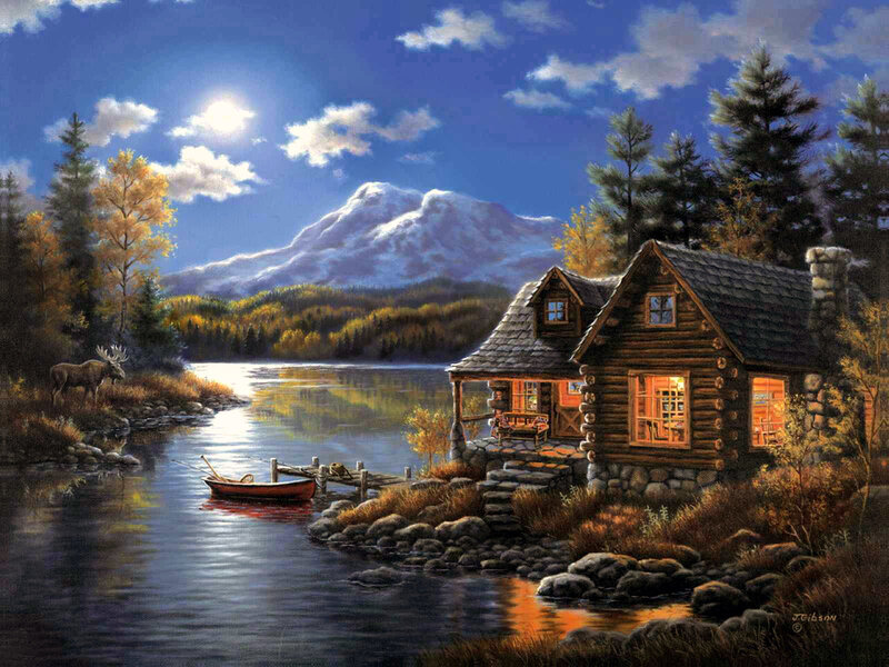 Log Cabin by Lake — Blue, Serene, Sunset, Painting, Moose