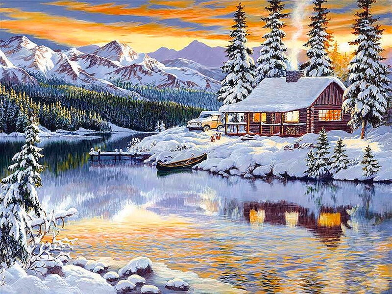 Log Cabin by Lake — Blue, Serene, Sunset, Painting, Mountains, Snow