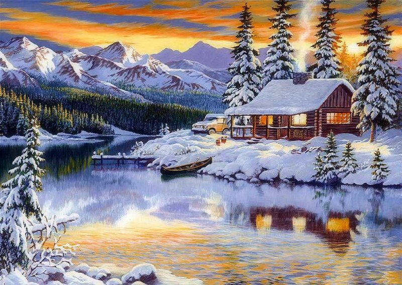 Log Cabin by Lake — Blue, Serene, Sunset, Painting, Mountains, Snow, Trees