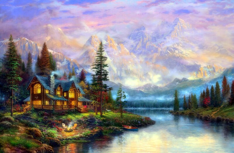 Log Cabin by Lake — Blue, Serene, Sunset, Painting, Mountains, Trees, Canoe