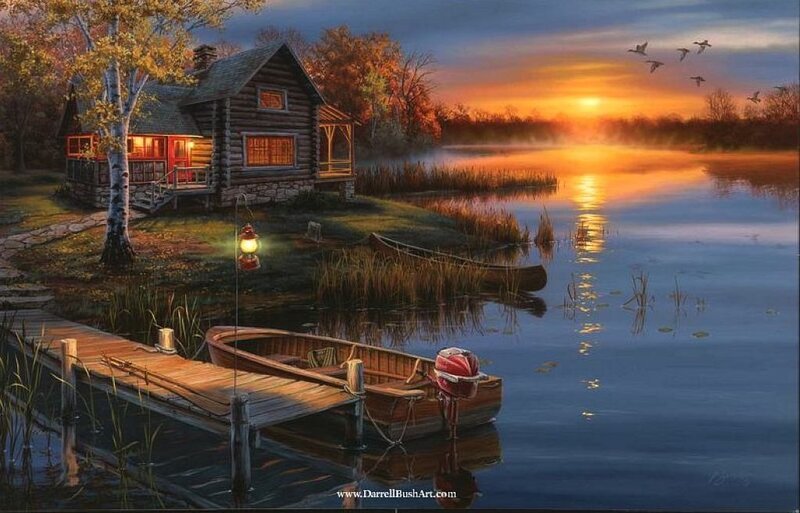 Log Cabin by Lake — Blue, Serene, Sunset, Painting
