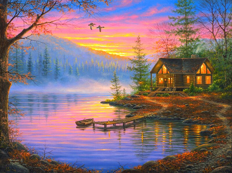 Log Cabin by Lake — Blue, Serene, Sunset, Painting, Trees, Birds