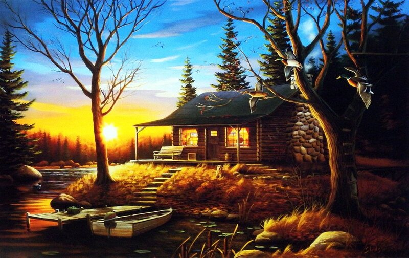 Log Cabin by Lake — Blue, Serene, Sunset, Painting, Trees, Boat, Ducks
