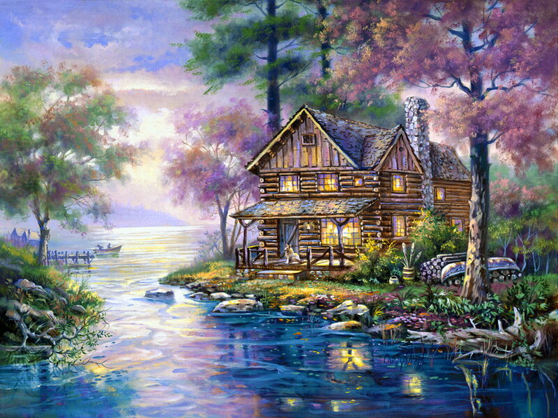 Log Cabin by Lake — Blue, Serene, Sunset, Painting, Trees, Boat