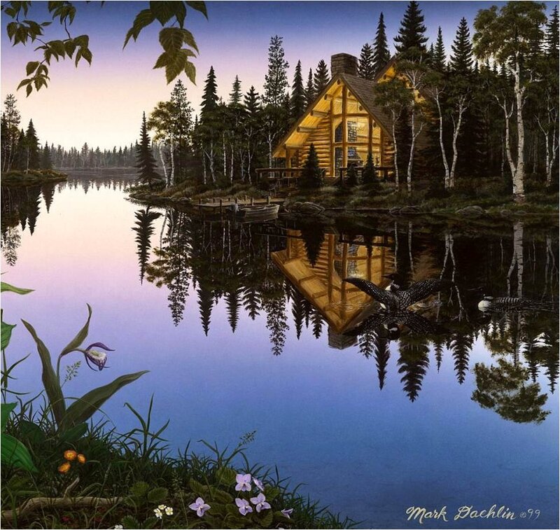 Log Cabin by Lake — Blue, Serene, Sunset, Painting, Trees