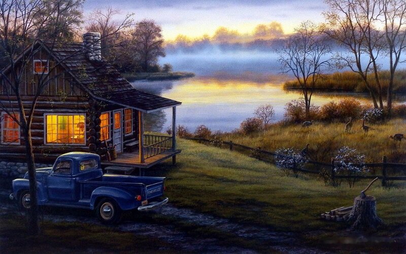 Log Cabin by Lake — Blue, Serene, Sunset, Painting, Truck