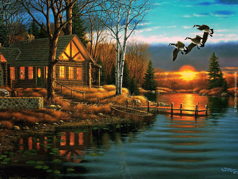 Log Cabin by Lake — Blue, Serene, Sunset