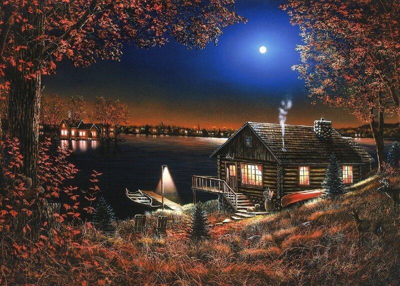 Log Cabin by Lake — Blue