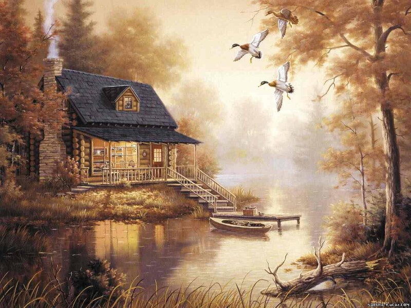 Log Cabin by Lake — Brown, Serene, Autumn