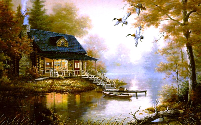 Log Cabin by Lake — Brown, Serene, Morning, Painting, Ducks, Dock
