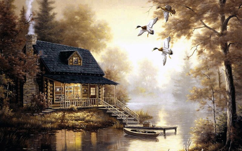 Log Cabin by Lake — Brown, Serene, Morning, Painting