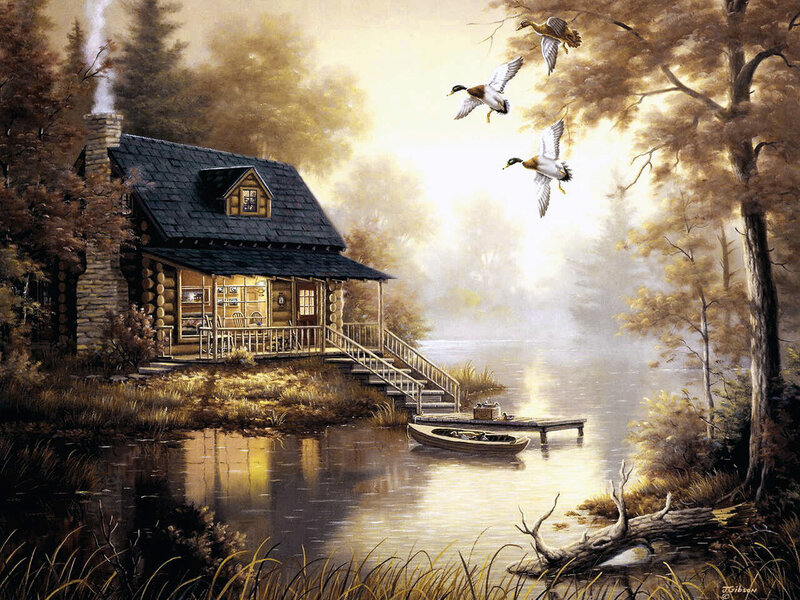 Log Cabin by Lake — Brown, Serene, Morning