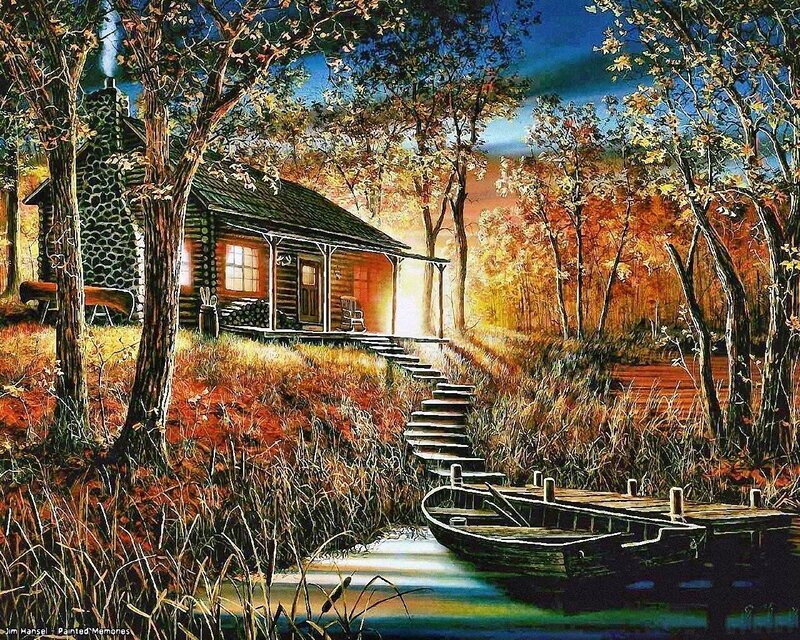 Log Cabin by Lake — Brown, Serene, Sunset, Painting, Boat
