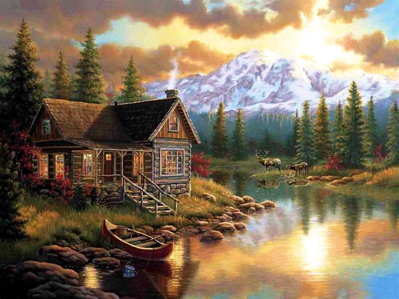 Log Cabin by Lake — Brown, Serene, Sunset, Painting