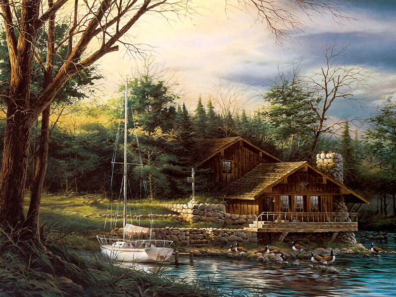 Log Cabin by Lake — Brown, Serene, Sunset