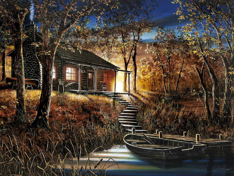 Log Cabin by Lake — Brown, Serene