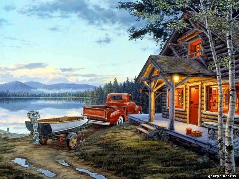 Log Cabin by Lake — Brown