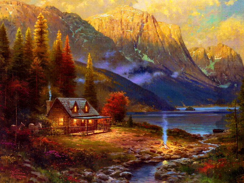 Log Cabin by Lake — Golden