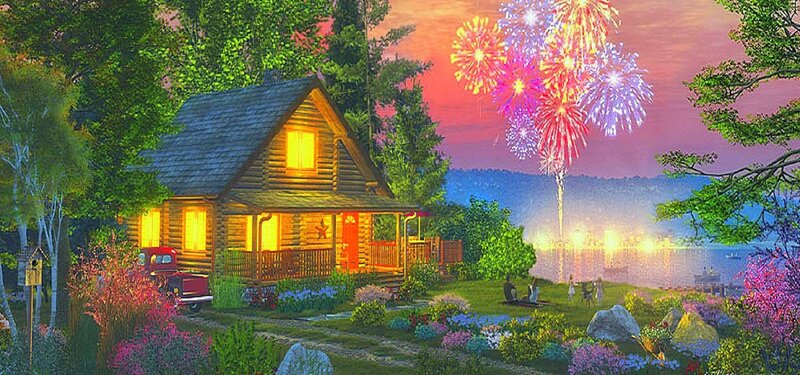 Log Cabin by Lake — Green, Festive