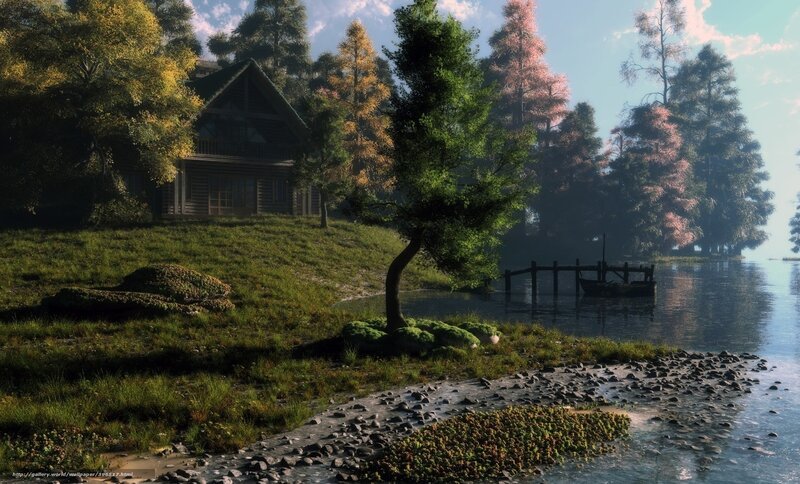 Log Cabin by Lake — Green, Serene, Afternoon, 3d Render