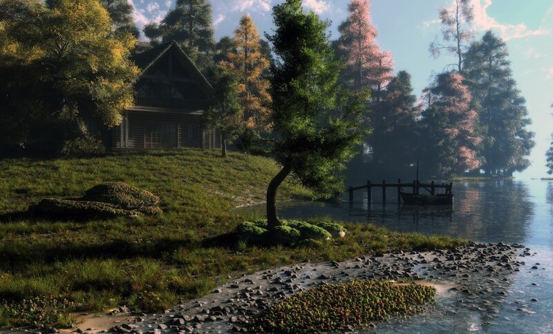 Log Cabin by Lake — Green, Serene, Afternoon, 3d Render, Trees