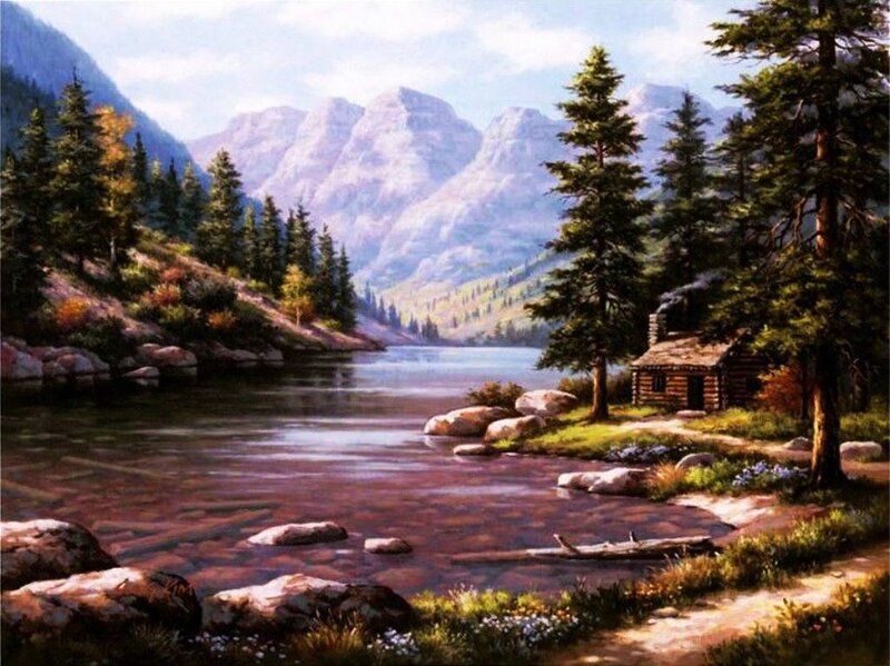 Log Cabin by Lake — Green, Serene, Afternoon, Painting