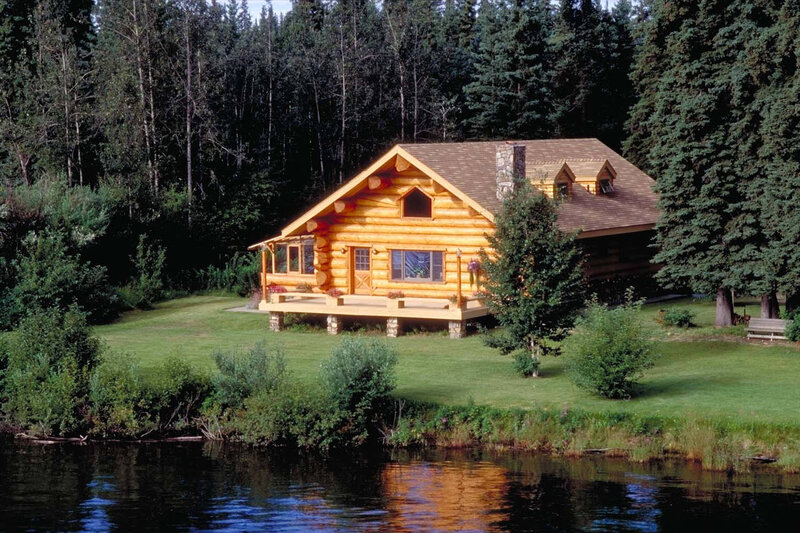 Log Cabin by Lake — Green, Serene, Afternoon, Photograph