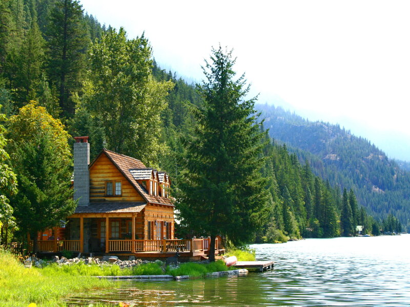 Log Cabin by Lake — Green, Serene, Afternoon, Photograph, Trees
