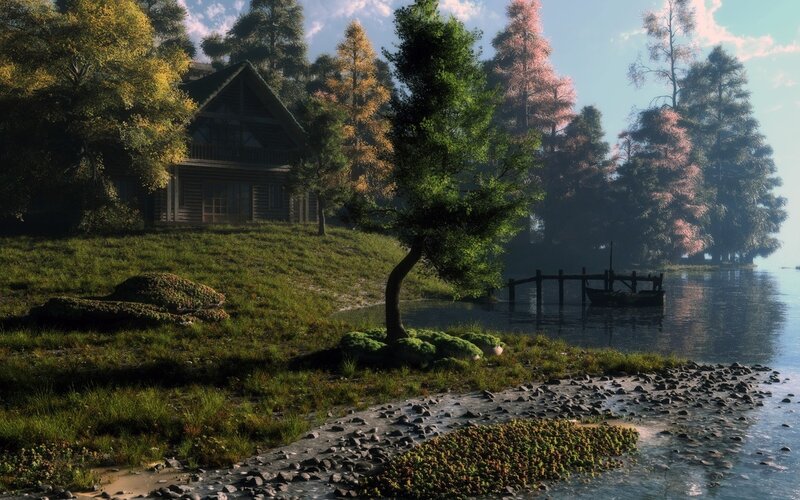 Log Cabin by Lake — Green, Serene, Afternoon