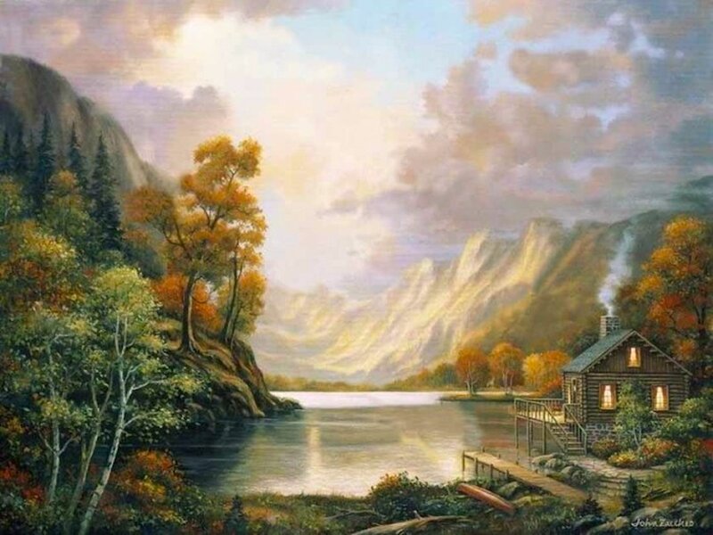 Log Cabin by Lake — Green, Serene, Autumn, Painting