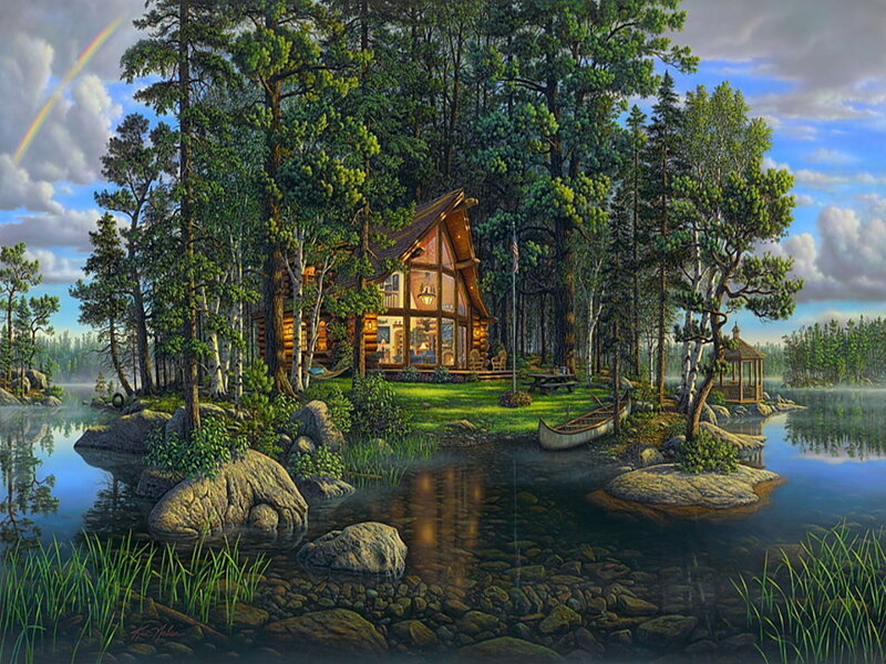 Log Cabin by Lake — Green, Serene, Morning, Painting, Rainbow